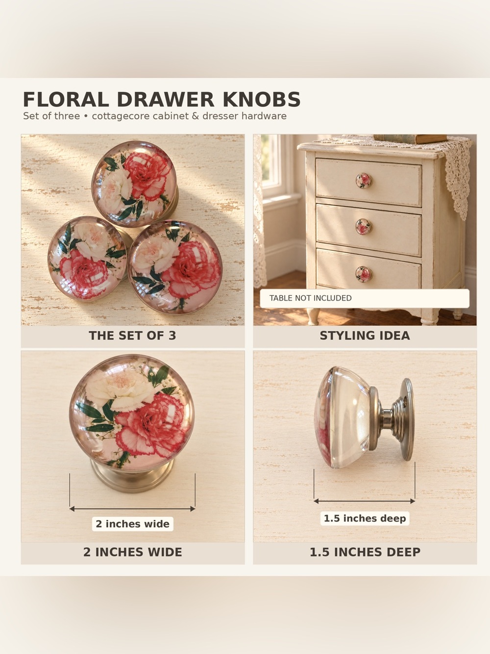 Set of 3 Pink Floral Drawer Knobs 2โ Cottagecore Cabinet Pulls